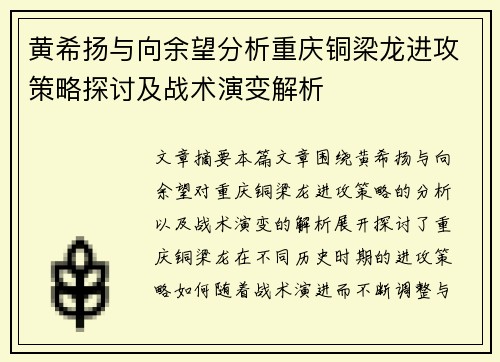黄希扬与向余望分析重庆铜梁龙进攻策略探讨及战术演变解析