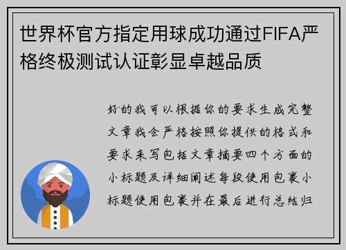 世界杯官方指定用球成功通过FIFA严格终极测试认证彰显卓越品质